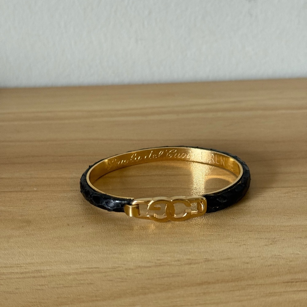 Gold-Tone Black Leather Bangle Bracelet